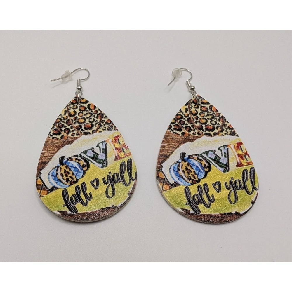 Handmade Love Fall Yall Autumn Lover Gift Earrings Teardrop Dangle Faux Leather